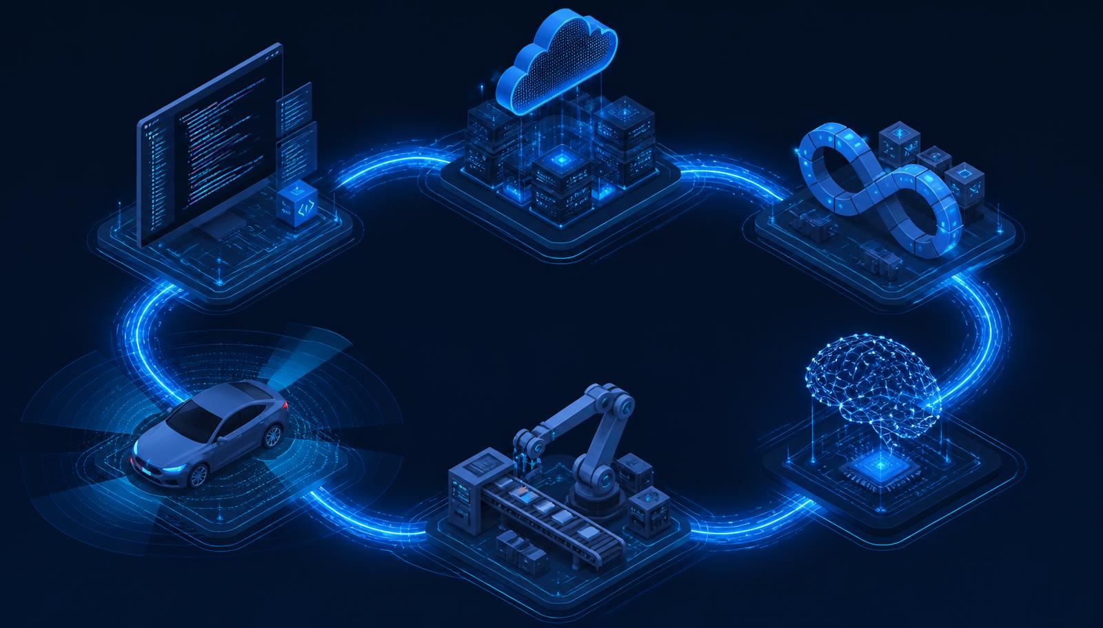 Cloud Orbit capability loop connecting enterprise software, cloud infrastructure, DevOps, AI, the factory floor and automotive engineering